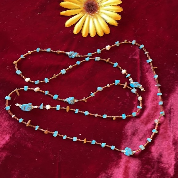 FUN! Lariat Style; Faux Turquoise w/Bronze Beads, Mini Pearls and Silver Decor! - Picture 2 of 2